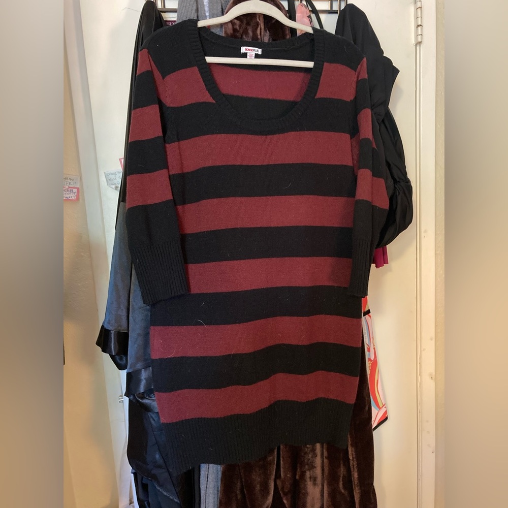Burgundy and black striped sweater dress in 1x